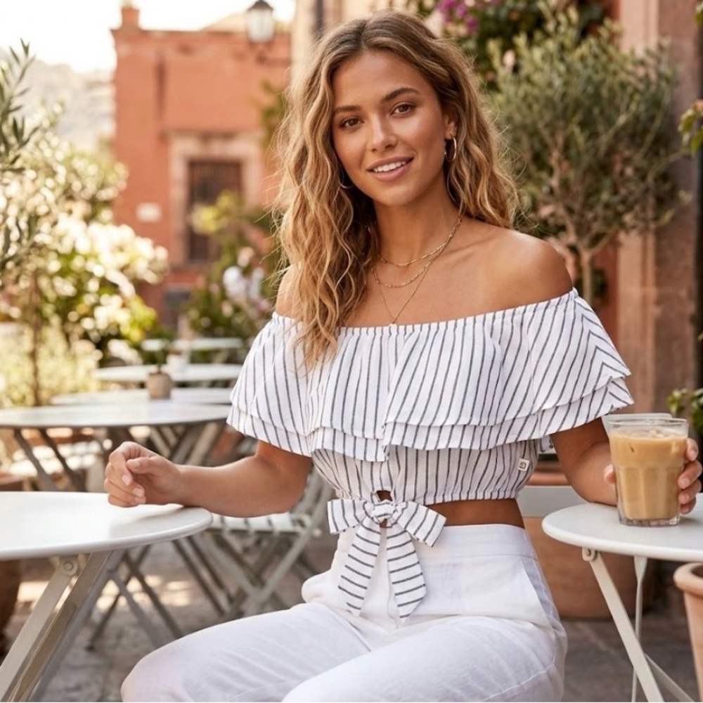 Super Down Off-Shoulder Striped Crop Top
